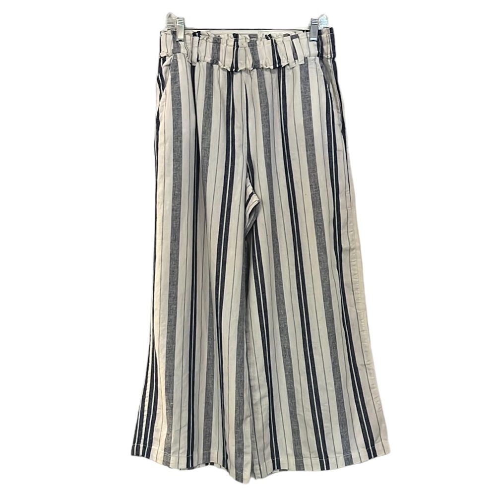 A.N.A. WIDE LEG HIGH WAISTED LINEN BLEND STRIPED PANTS WHITE BLUE SIZE MEDIUM